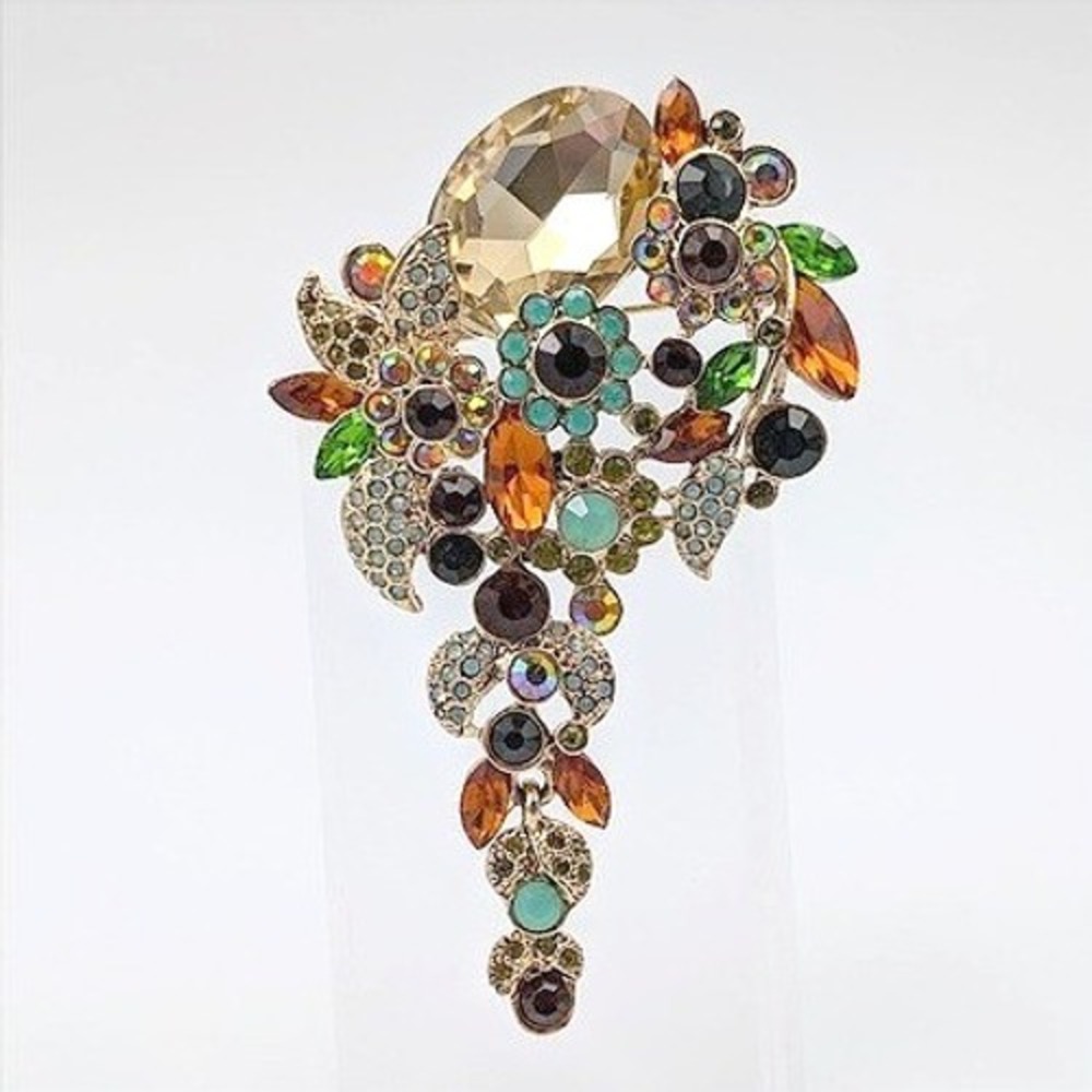 Botanical Rhinestone Brooch Pendant Gold Tone Large Floral Garden Fairy‎ Spring
